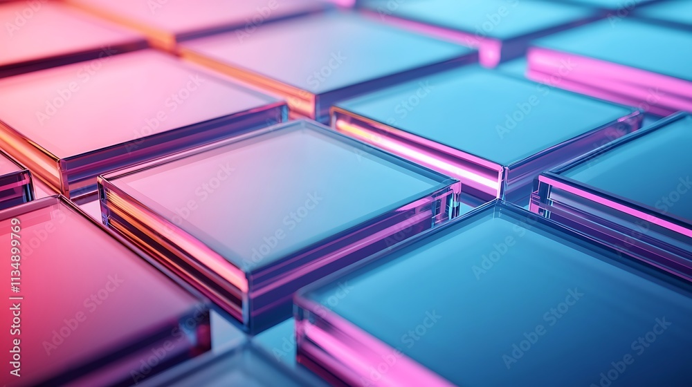 A close-up of colorful, translucent glass tiles arranged in a grid pattern. A close-up of colorful, translucent glass tiles arranged in a grid pattern.