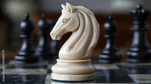 Close-up of a white knight chess piece on a board.