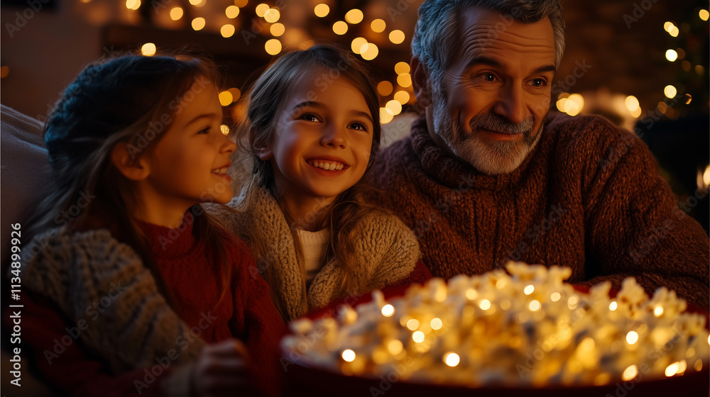 Parents and kids throwing popcorn in the air during a fun Christmas movie night in their festive living room. Parents and kids throwing popcorn in the air during a fun Christmas movie night in their festive living room.