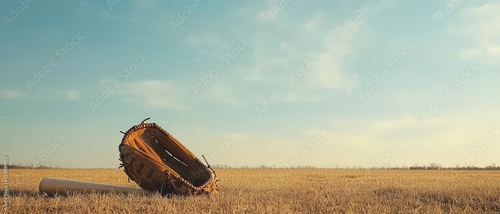 Baseball glove and bat on golden grass field under clear blue sky during calm sunny day in rural landscape setting Baseball glove and bat on golden grass field under clear blue sky during calm sunny day in rural landscape setting