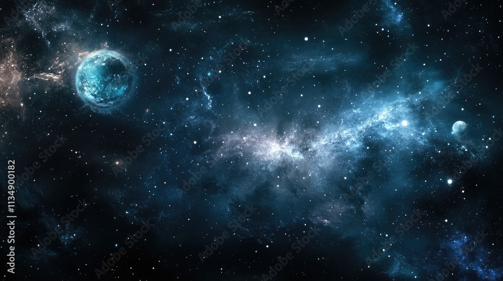 Obraz premium Vast cosmic landscape featuring the Milky Way galaxy and distant celestial bodies illuminated by starlight in a starry night sky