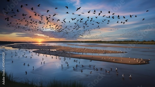 Sunset and flocks of migratory birds escaping the cold from Siberia to 