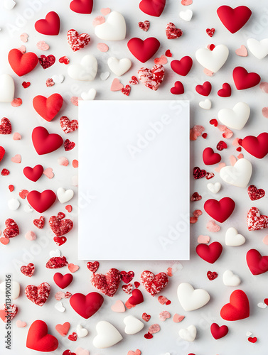 Empty blank paper on white background with red valentine hearts around. Festive romantic and love concept. Valentines or anniversary day background for greeting card, banner with copy space..