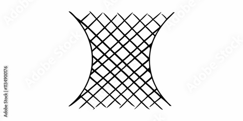 Interwoven black lines form a grid pattern, creating a distorted hourglass shape against a white background. The design has a symmetrical layout with curved lines converging towards the center. AI gen