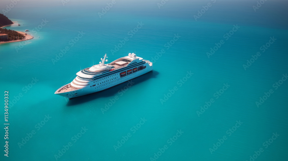 High angle view of a cruise ship floating on the turquoise sea near the shore. High angle view of a cruise ship floating on the turquoise sea near the shore.