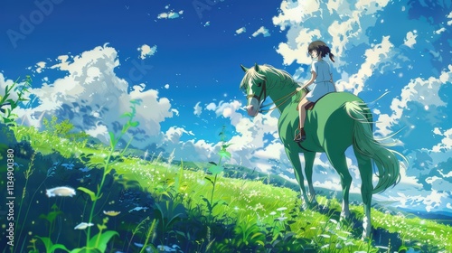 A cute anime girl is riding on a green horse in a fantasy green field with a blue sky,
