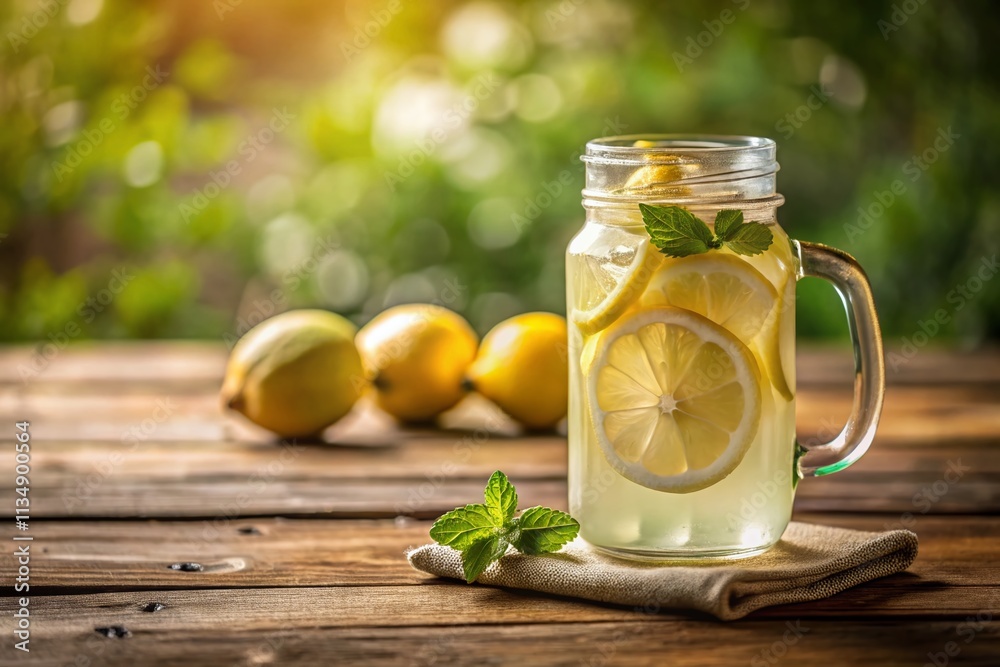 Elegant 16oz Clear Glass Can on Wooden Table with Fresh Lemonade and Copy Space for Beverage Branding, Refreshments, and Summer Drink Promotions Elegant 16oz Clear Glass Can on Wooden Table with Fresh Lemonade and Copy Space for Beverage Branding, Refreshments, and Summer Drink Promotions