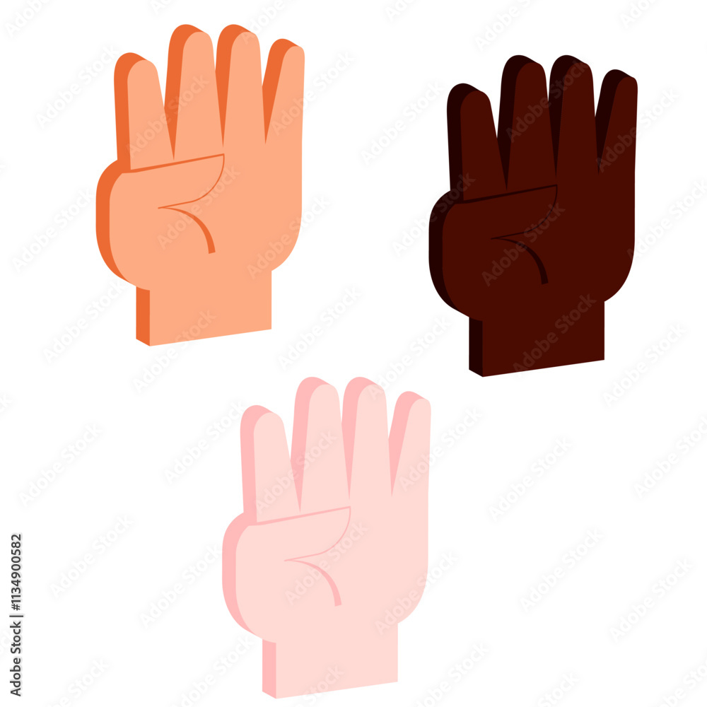 set of vector isometric icon of open palm showing four fingers in three skin colors