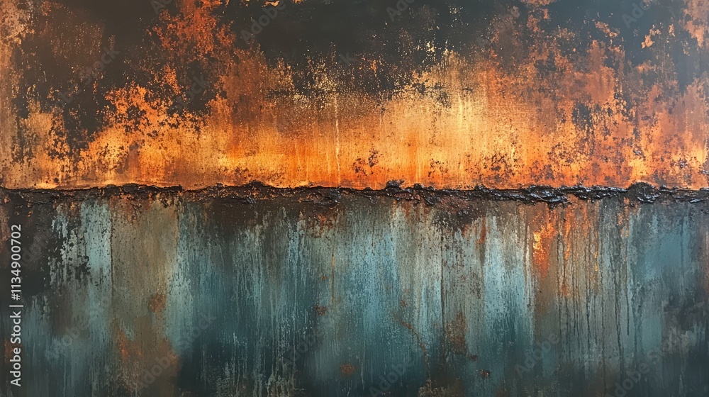 Naklejka premium Rusty metal texture with vibrant orange and blue hues reflecting weathered industrial surface and artistic abstract design