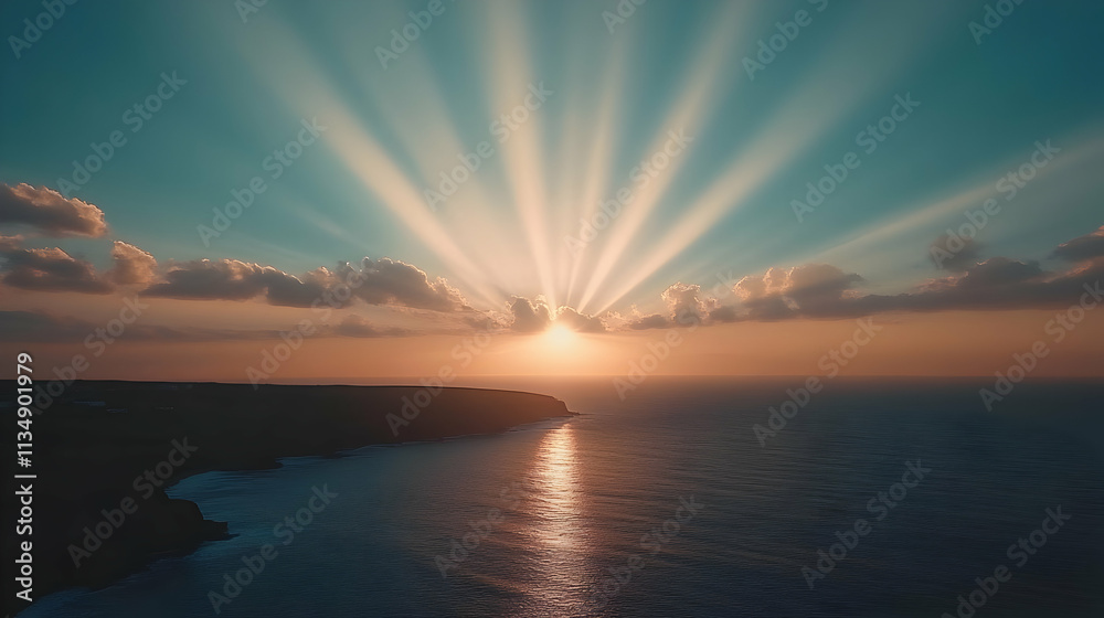 Naklejka premium Ocean Sunset Rays Illustration