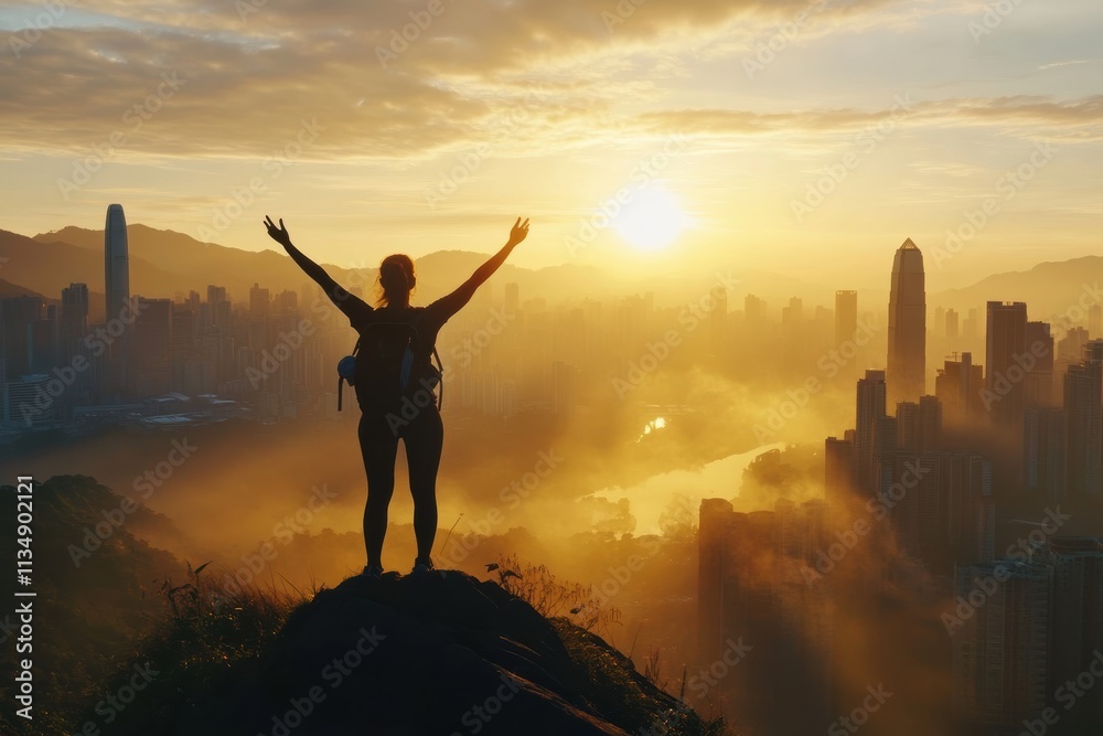 Fototapeta premium A proud hiker stands triumphantly atop a rocky peak with arms raised in celebration against a vibrant sunset, symbolizing personal achievement and the pursuit of dreams and life goals
