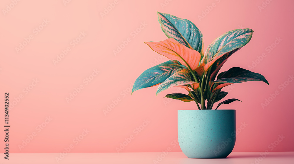 Vibrant Plant in Turquoise Pot Against Pink Background Vibrant Plant in Turquoise Pot Against Pink Background