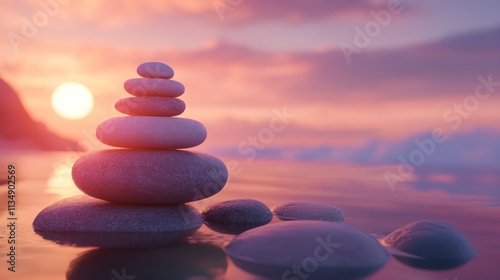 Peaceful Zen stone stack representing balance and meditation, creating a serene environment for mindfulness. photo