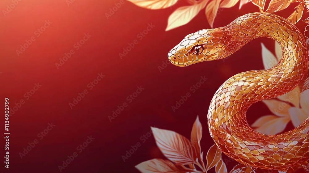 Obraz premium An elegant golden snake entwined with tropical leaves on a deep crimson background, perfect for Year of the Snake celebrations, luxury decor, or exotic-themed events.