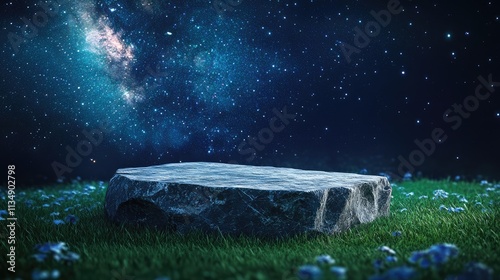 Granite podium rock table under night sky with Milky Way for beauty or cosmetic product presentation and display banner background design