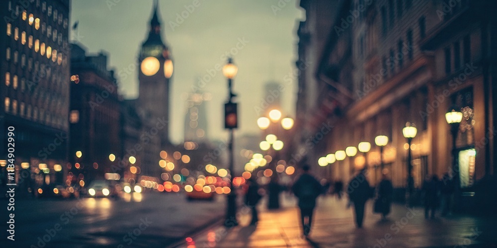 Naklejka premium A captivating evening streetscape, blurred for artistic effect, showcasing the warm glow of streetlights and the distant silhouette of a prominent clock tower