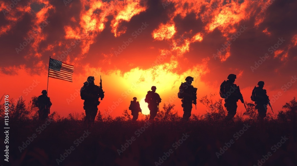 Powerful silhouette of soldiers with the USA flag against a sunset sky, celebrating Veterans Day. Powerful silhouette of soldiers with the USA flag against a sunset sky, celebrating Veterans Day.