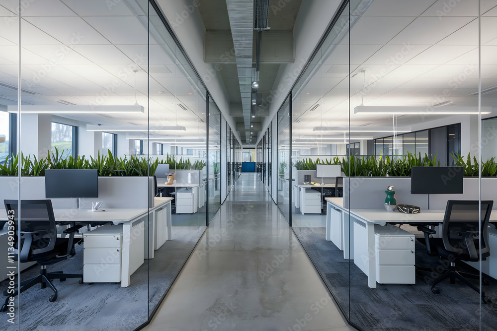 Obraz premium Sleek office corridor lined with workstations, natural light enhancing modern design