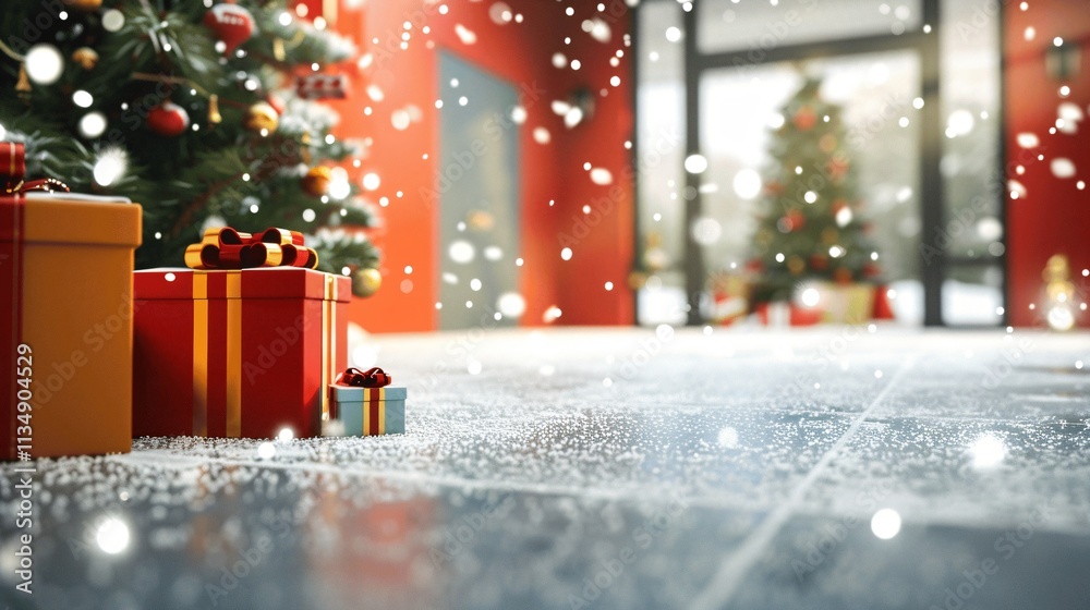 Cozy Christmas Scene with Presents and Snowflakes in Warm Colors Cozy Christmas Scene with Presents and Snowflakes in Warm Colors