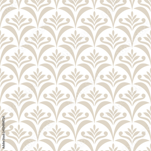 Wallpaper in Baroque style, damask. A seamless vector background. Beige and white texture Floral ornament.