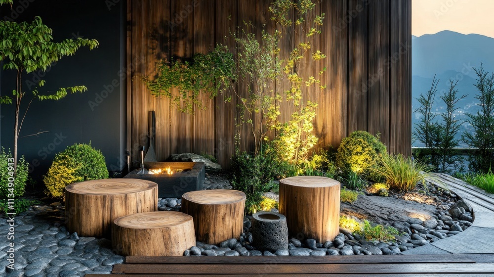 Fototapeta premium Tranquil Outdoor Living Space with Natural Wood Elements and Lights