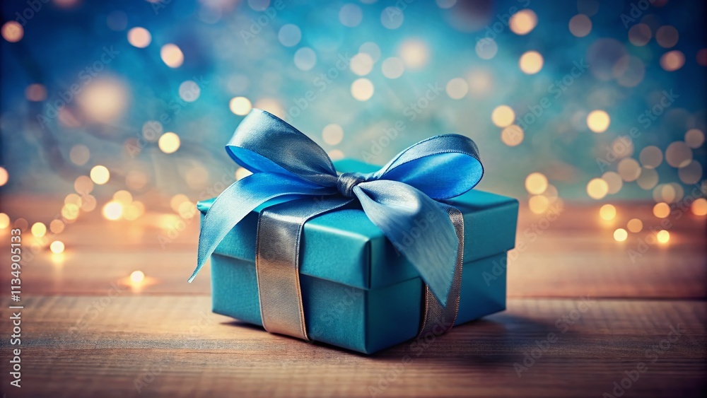 Elegant Blue Gift Box with Ribbon and Bow Against a Soft Light Background - Perfect for Celebrations, Birthdays, and Holidays Elegant Blue Gift Box with Ribbon and Bow Against a Soft Light Background - Perfect for Celebrations, Birthdays, and Holidays