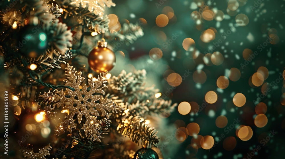 Sparkling Christmas Tree Ornaments with Snowflakes and Bokeh Lights Sparkling Christmas Tree Ornaments with Snowflakes and Bokeh Lights