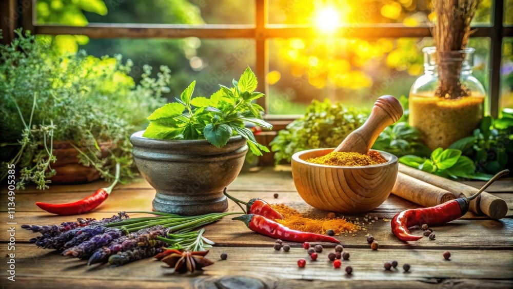 A rustic wooden table with a mortar and pestle, fresh herbs, spices, and a sun-drenched window behind it. A rustic wooden table with a mortar and pestle, fresh herbs, spices, and a sun-drenched window behind it.