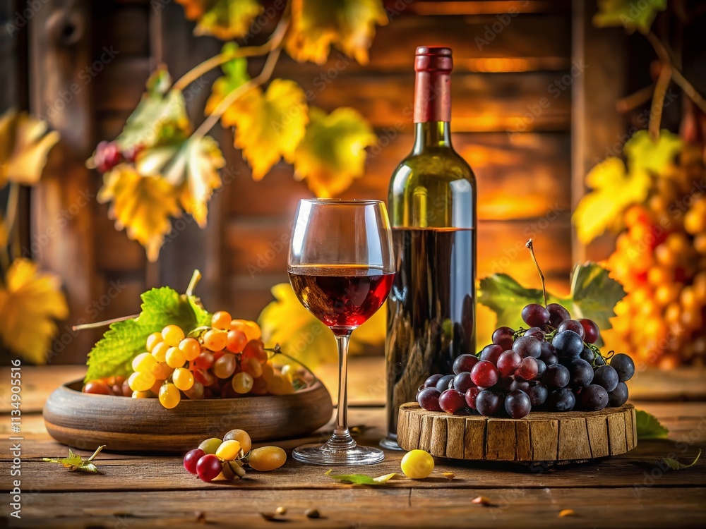 Fototapeta premium Elegant Bottle of Wine on a Rustic Table Surrounded by Grapes and Glasses, Capturing the Essence of Fine Dining and Celebration in a Warm and Inviting Atmosphere