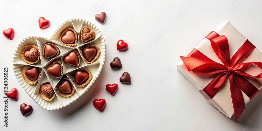 A Heart Shaped Box of Chocolate Candies and a Gift Box Tied with a Red Bow on a White Background