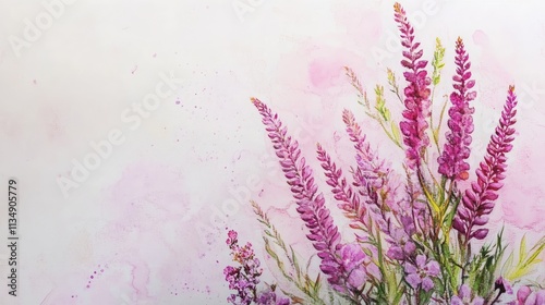 Delicate pink floral arrangement with Erica carnea blossoms on a soft pastel background featuring high quality botanical illustration.