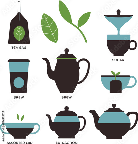 luxury tea shop drink related vector icon user interface graphic design. Contains such icons as tea bag, tea leaf, sugar, brew, brewing, tea cup, assorted teapot, extraction, herb,