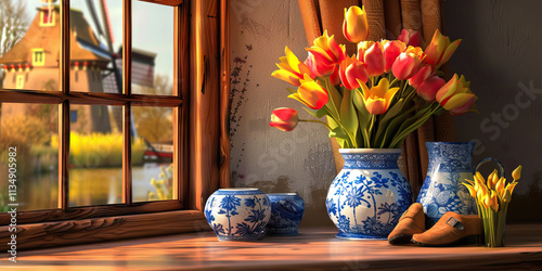 Still Life with Tulips, Porcelain, and Windmill View
