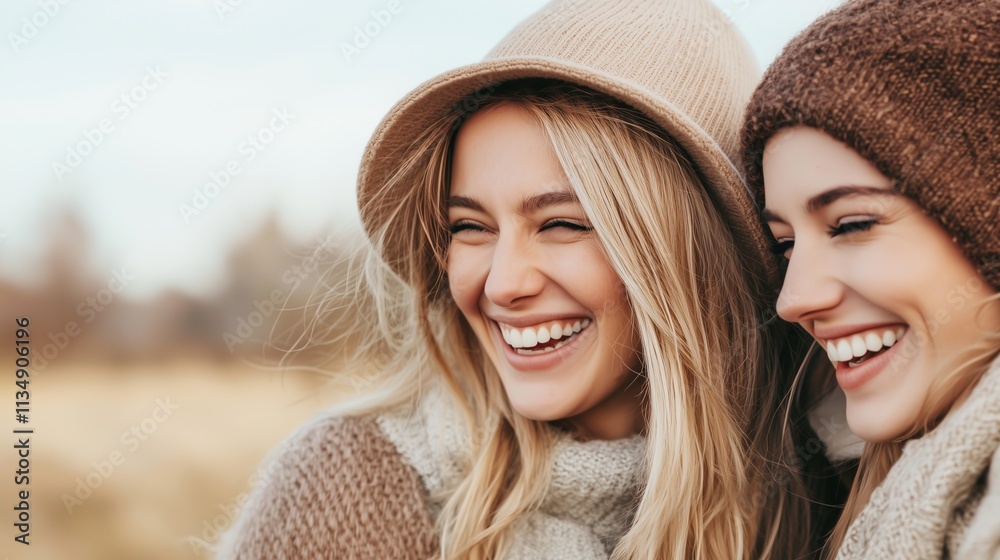 Obraz premium Happy women friends laughing and smiling outdoors with an autumn landscape in the background. A portrait of a female lifestyle.
