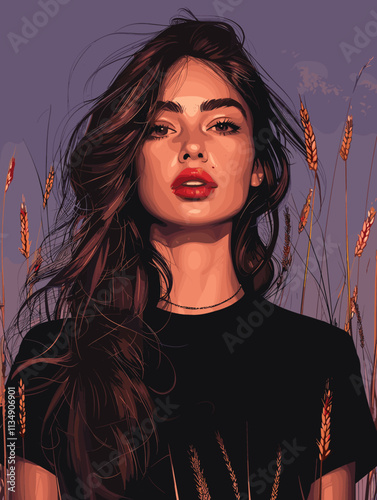 Woman with long hair and a red lipstick is standing in a field of tall grass. The image has a dreamy, ethereal quality to it, with the grass and the woman's hair creating a sense of movement