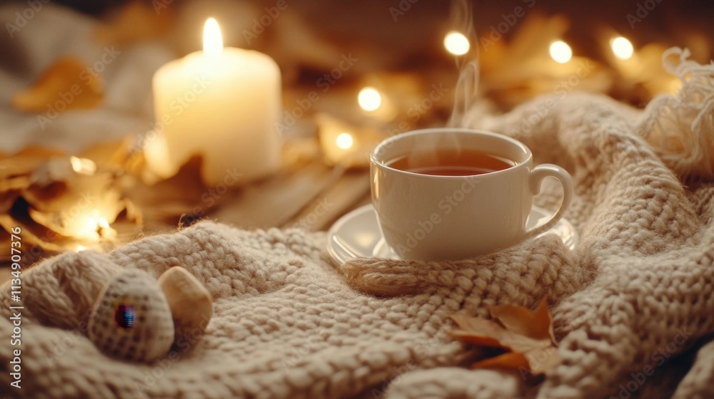 Cozy Autumn Scene with Tea, Candle, and Warm Knit Blanket Cozy Autumn Scene with Tea, Candle, and Warm Knit Blanket