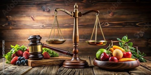 Elegant Courtroom Props Featuring a Wooden Gavel and Scales of Justice on a Polished Surface, Ideal for Legal Themes and Justice System Representation in Food Photography photo