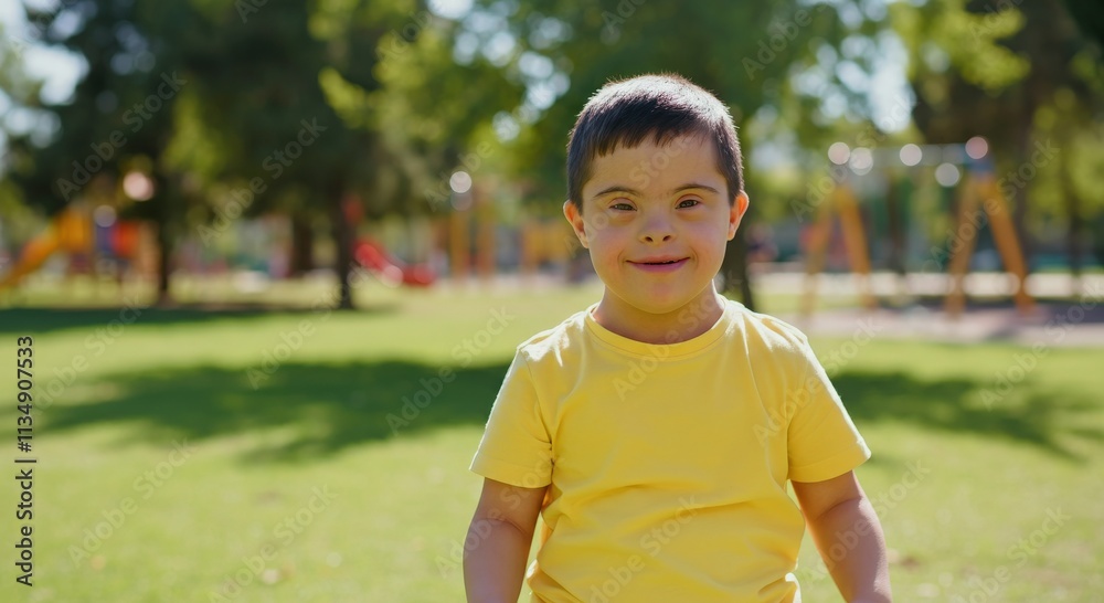 Joyful afternoon in park with young boy in yellow shirt enjoying nature