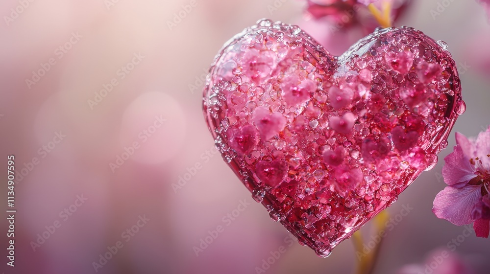 Obraz premium Frozen heart with pink flowers in a soft background.
