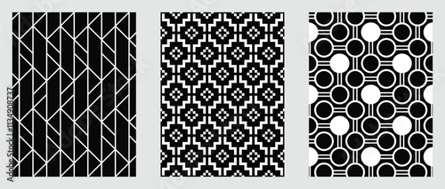 Retro black and white geometric pattern background, vector abstract lines art. Trendy bauhaus pattern backgrounds op-art set