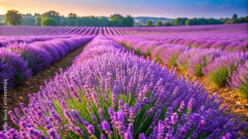 Fototapeta premium Blooming lavender field with beautiful purple flowers in a regional organic cultivation setting, lavender, field