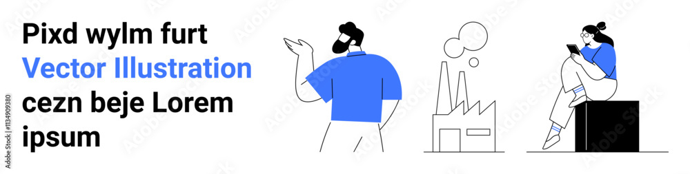 Man gesturing while standing, factory with smoke, woman seated using phone. Ideal for business, communication, industry, technology, modern lifestyle design productivity. Landing page Man gesturing while standing, factory with smoke, woman seated using phone. Ideal for business, communication, industry, technology, modern lifestyle design productivity. Landing page