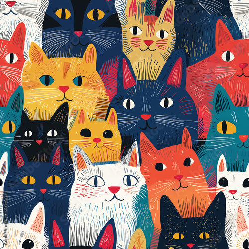A playful and colorful illustration of various cats with seamless patterns and vivid hues, radiating charm and whimsy.