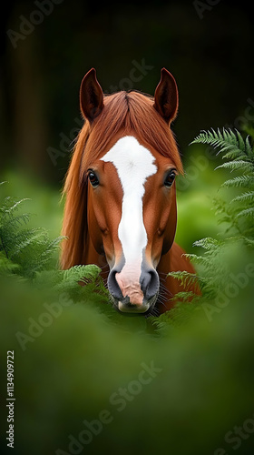 Chestnut Horse in Ferns Realistic Image