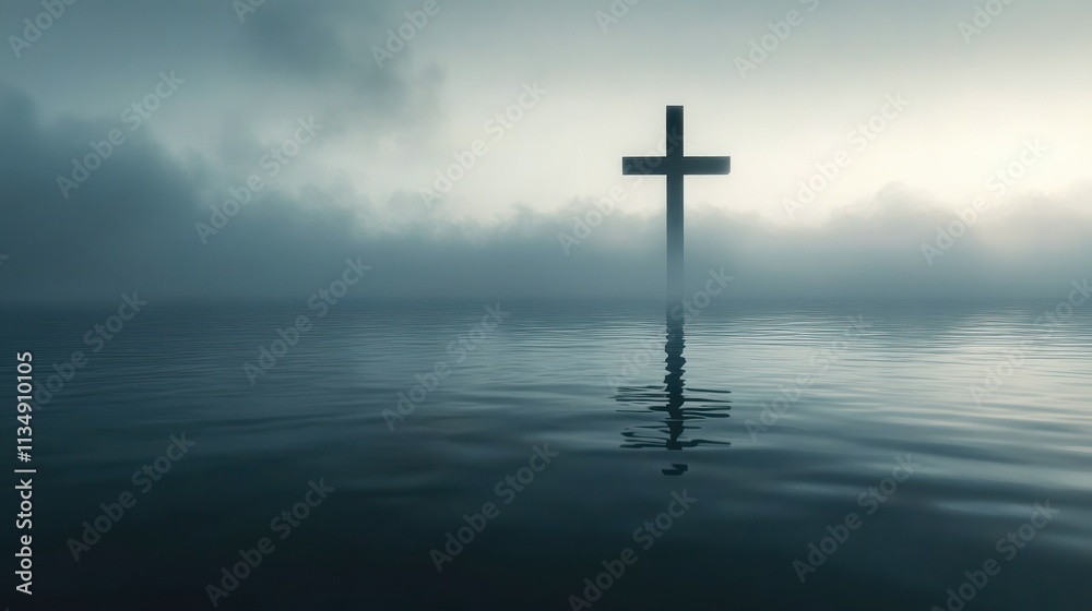 Solitary Cross in Calm Water with Fog and Chiaroscuro Lighting Solitary Cross in Calm Water with Fog and Chiaroscuro Lighting