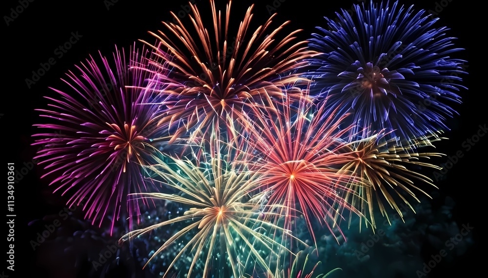 Closeup of vibrant pyrotechnics lighting up the night sky Closeup of vibrant pyrotechnics lighting up the night sky