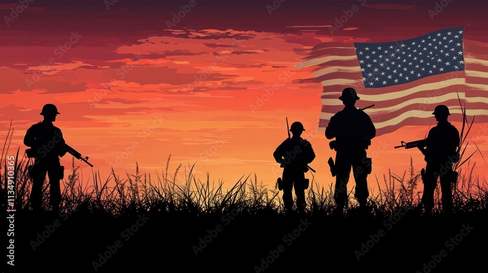 Soldiers silhouettes with the American flag during sunset, paying tribute to all veterans on Veterans Day. Soldiers silhouettes with the American flag during sunset, paying tribute to all veterans on Veterans Day.