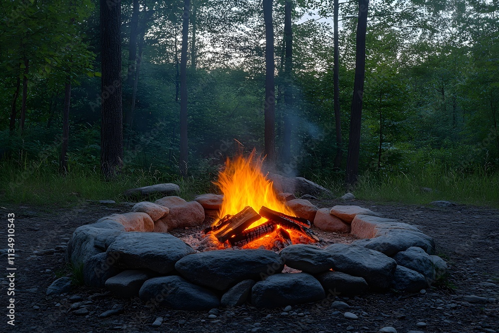 A warm campfire surrounded by tall trees and a night sky. A warm campfire surrounded by tall trees and a night sky.