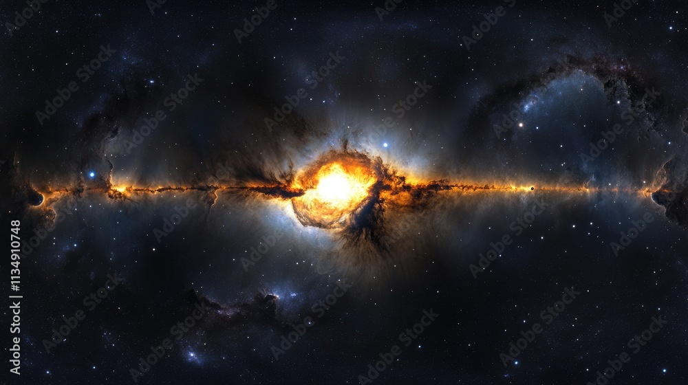 Naklejka premium Stunning panoramic view of sunrise over Earth with vibrant galaxy and star elements showcasing cosmic beauty from space