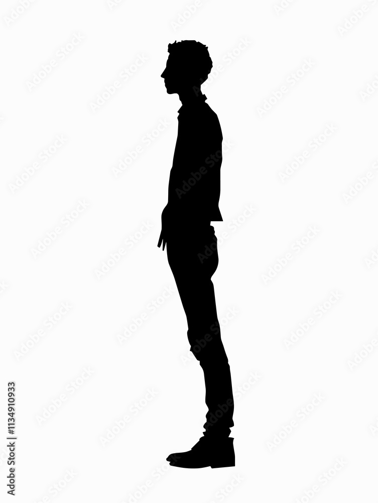 Man is standing in front of a white background. He is wearing a jacket and jeans. The image is in black and white Man is standing in front of a white background. He is wearing a jacket and jeans. The image is in black and white